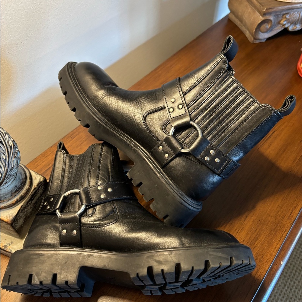 Zara Black Leather Combat Moto Motorcycle Boots Y2K Size 7 EUC - Picture 7 of 9